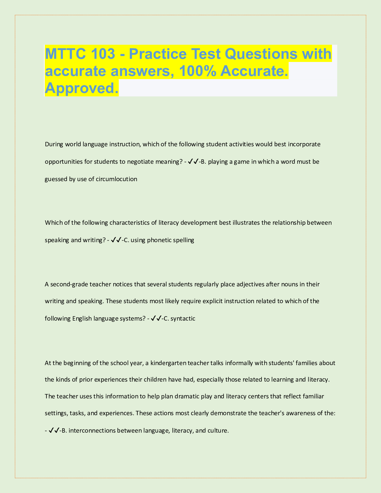 Preview of MTTC 103 - Practice Test Questions with  accurate answers, 100% Accurate.  Approved.